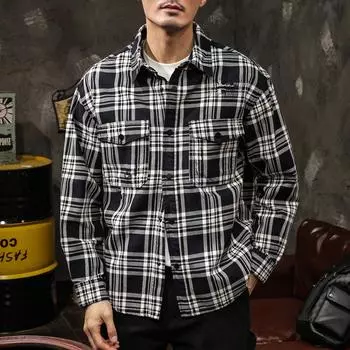 Американская ретро тяжелая черно-белая клетчатая рубашка с длинными рукавами, мужская сезонная модная брендовая свободная куртка, дюймовая одежда M