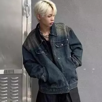 Американская ретро-трендовая брендовая стираная джинсовая куртка мужская и женская дизайнерская куртка Sense Splicing для пары M синий