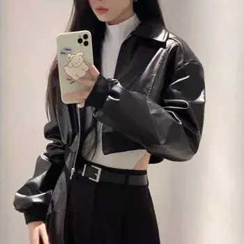 Американская ретро уличная черная куртка из искусственной кожи для женщин, топы, весна и осень, новая мода, свободное повседневное короткое пальто, женская одежда S чёрный