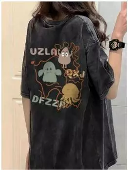 Американская ретро унисекс футболка с эффектом потертости оверсайз - Летняя с коротким рукавом, прямой линией плеча, большого размера M (for 80-100 jin)