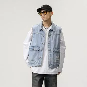Американская ретро-весенняя джинсовая куртка, жилет, мужской свободный жилет, жилет без рукавов, куртка для инструментов M синий
