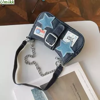 Американская ретро Y2K Spicy Girls Сумка на плечо Модные звезды с узором Джинсовые кошельки подмышками Высококачественная сумка с цепочкой Трендовая женская сумка CHINA
