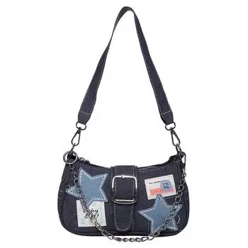 Американская ретро Y2K Spicy Girls Сумка на плечо Модные звезды с узором Джинсовые кошельки подмышками Высококачественная сумка с цепочкой Трендовая женская сумка чёрный