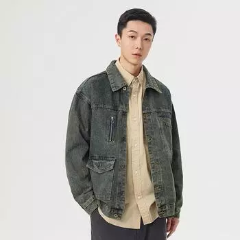 Американская ретро-желтая грязевая джинсовая куртка мужская модная брендовая грубая красивая мужская повседневная куртка с инструментами M