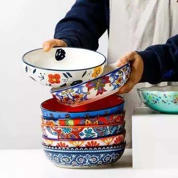 Американская салатница, расписанная вручную круглая керамическая глубокая тарелка для супа, деревенская цветочная посуда, 8-дюймовая тарелка для супа из кукурузы рамен