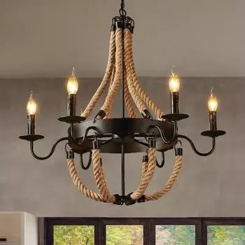 Американская сельская ретро-люстра для чердака, свеча из пеньковой веревки, лампа из веревки, кофейный бар, кованое железо, украшение для дома, светильник 3 heads