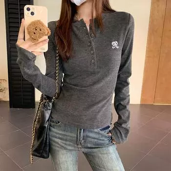 Американская темно-серая футболка с цветочным принтом и длинными рукавами, женская осенняя новинка, облегающая талия, утягивающая, шикарная нижняя часть рубашки, верхняя часть S