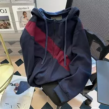 Американская толстовка с капюшоном в стиле пэчворк с цветными блоками на молнии для мужчин и женщин, повседневный кардиган с капюшоном в стиле ретро L темно-синий