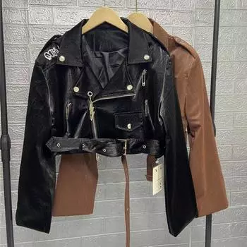 Американская тяжелая промышленность вышивка талия кружево мотоциклетная искусственная кожа куртка для женщин осень новая ретро кожаная куртка короткий стиль M