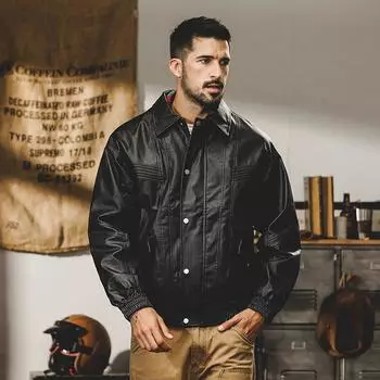 Американская тяжелая ретро кожаная куртка мужская уличная свободная трендовая повседневная мужская кожаная куртка с лацканами для мотоцикла M чёрный