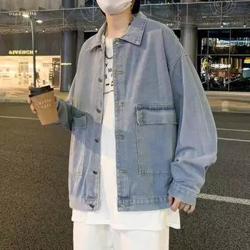 Американская уличная джинсовая куртка мужская модная брендовая повседневная куртка с большим карманом в стиле ретро, универсальный свободный топ M синий