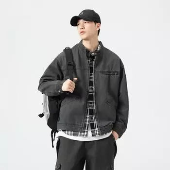 Американская уличная джинсовая куртка мужская модная брендовая ретро свободная куртка с локомотивом M серый