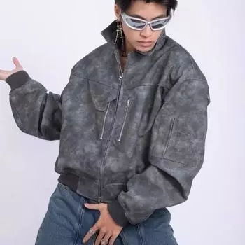 Американская уличная куртка, мужская куртка из искусственной кожи в стиле хип-хоп, гоночная куртка Y2K, короткие куртки-кардиганы M чёрный