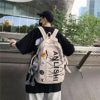 Американская уличная мода Мужской большой вместимости Прочный для учеников средней школы Снижение нагрузки Защита позвоночника Легкий Всепогодный WHITE_Packs