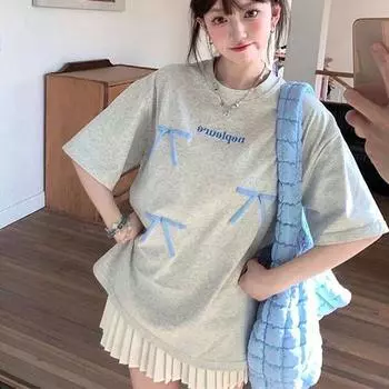 Американская уличная серая футболка большого размера с короткими рукавами и принтом банта, новая летняя футболка, женские топы с круглым вырезом, уникальный свободный повседневный топ S чёрный