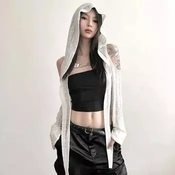 Американская уличная толстовка с капюшоном, женские летние новые футболки с длинными рукавами и вырезами Y2k, облегающая универсальная черная футболка в стиле гранж S белый