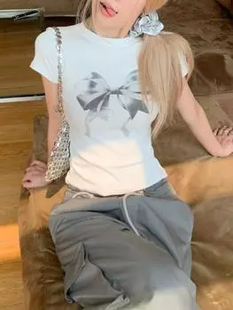 Американская универсальная футболка с бантом и принтом Y2k, женская летняя элегантная тонкая пуловер с коротким рукавом, корейский модный дизайн, повседневные топы для клуба S белый