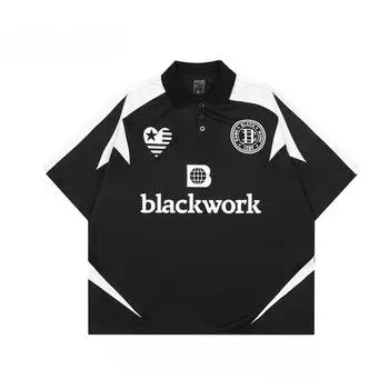 Американская версия модного бренда High Street Retro футболка топы модные уличные мужские свободные сращивания мотоциклетный принт парный стиль рубашка поло M чёрный