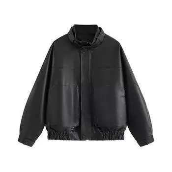 Американская ветрозащитная куртка из искусственной кожи с воротником-стойкой в стиле ретро, с большим карманом, мужская весенняя свободная кожаная куртка M чёрный