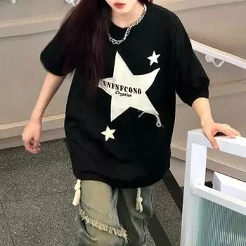 Американская винтажная футболка с буквенным принтом, футболки большого размера с короткими рукавами, женская летняя футболка из чистого хлопка, женский топ y2k M чёрный