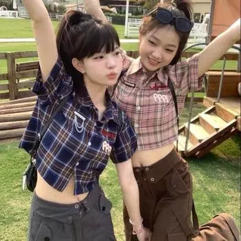 Американская винтажная клетчатая рубашка в консервативном стиле, новинка лета 2024, универсальная женская блузка, модная короткая блузка с вышитыми лацканами onesize синий