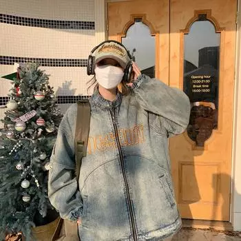 Американская винтажная вышитая джинсовая куртка женская весенняя свободная куртка-стойка S