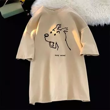 Американская винтажная забавная футболка с мультяшным принтом для женщин, одежда 2025 года, лето 220 г, 100% хлопок, футболка, свободная футболка Harajuku, топы Y2k, уличная одежда S белый