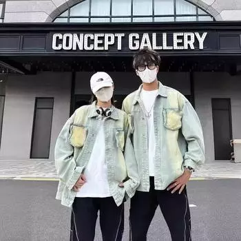 Американская желтая грязевая вымытая джинсовая куртка с карманом на молнии мужская модная тенденция ретро парное пальто топ M
