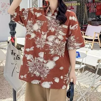 Американская женская рубашка с коротким рукавом в стиле ретро, тонкий топ, куртка с карманами, свободная и повседневная женская одежда M