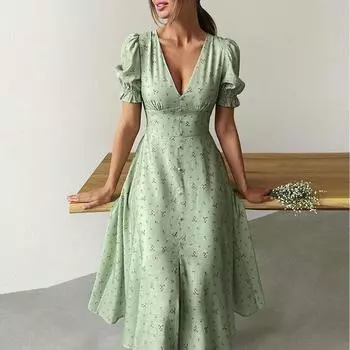 Американская женская весенняя одежда, зеленое летнее платье с v-образным вырезом, повседневное платье с разрезом и цветочным принтом, юбки, уличная одежда, пышная юбка-пачка S зелёный