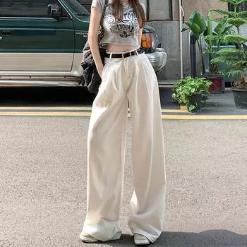 Американские белые джинсы широкого кроя для женщин Новые с высокой талией, стройнящие, свободные, плиссированные, ленивые, драпированные брюки прямого кроя XS