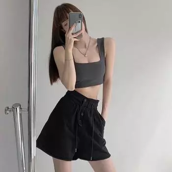 Американские брюки Five Quarter для женщин, эластичные, с высокой талией, однобортные, прямые, средней длины, свободные, широкие спортивные шорты для женщин M чёрный