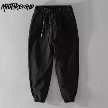 Американские брюки-карго, осенние, из чистого хлопка, удобные, повседневные, мужские брюки, эластичный пояс, черные, с завязками на щиколотке, винтажные мужские брюки 29 серый