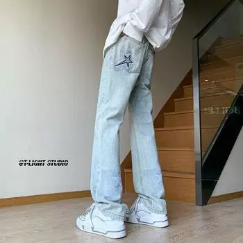 Американские брюки Vibe Pants High Street с вышивкой светло-голубые джинсы со звездами, мужские дизайнерские брюки Sense Straight Leg S синий
