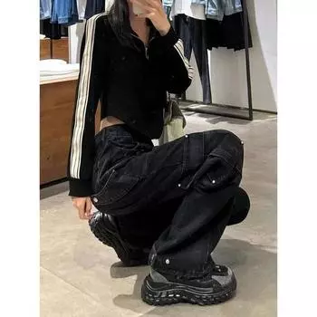 Американские черные джинсы-карго женские весна и осень 2024 г. Новые свободные узкие повседневные прямые широкие брюки с высокой талией S чёрный