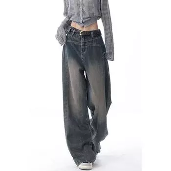 Американские черные ранние новые пуговицы, чистый цвет, вода, ностальгия, джинсы с необработанными краями, женские широкие брюки в стиле ретро, Y2K, модная одежда S синий