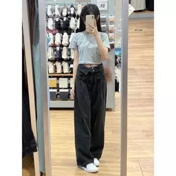 Американские черные широкие джинсы High Street женские осенние с высокой талией Niche Design Sense of Loose Прямые брюки длиной до пола Tide S чёрный