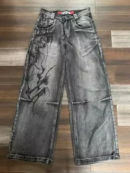 Американские джинсы Harajuku Vintage Print Y2K женские стираные серые прямые брюки уличные готические свободные брюки унисекс Tide S