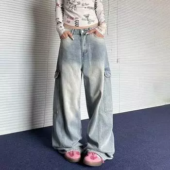 Американские джинсы High Street мужские осенние трендовые брендовые свободные широкие прямые брюки с микроклешем S светло-синий