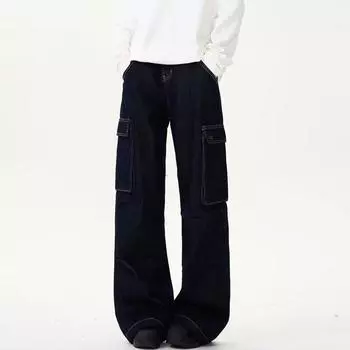 Американские джинсы High Street мужские осенние трендовые брендовые свободные широкие прямые брюки с микроклешем S темно-синий