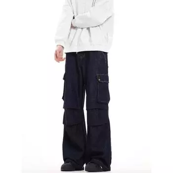 Американские джинсы High Street мужские осенние трендовые брендовые свободные широкие прямые брюки с микроклешем S темно-синий