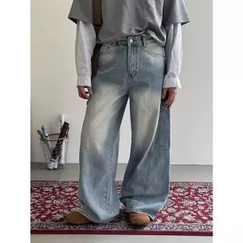 Американские джинсы High Street мужские осенние трендовые брендовые свободные широкие прямые брюки с микроклешем S светло-синий