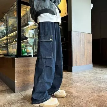 Американские джинсы High Street мужские осенние трендовые брендовые свободные широкие прямые брюки с микроклешем S темно-синий