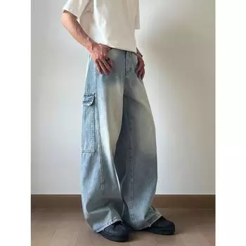 Американские джинсы High Street мужские осенние трендовые брендовые свободные широкие прямые брюки с микроклешем S светло-синий