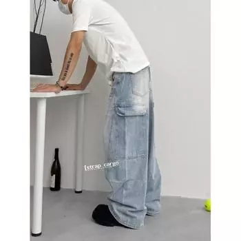 Американские джинсы High Street мужские осенние трендовые брендовые свободные широкие прямые брюки с микроклешем S светло-синий