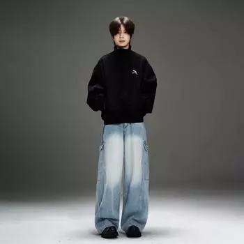 Американские джинсы High Street мужские осенние трендовые брендовые свободные широкие прямые брюки с микроклешем S светло-синий