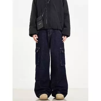Американские джинсы High Street мужские осенние трендовые брендовые свободные широкие прямые брюки с микроклешем S темно-синий