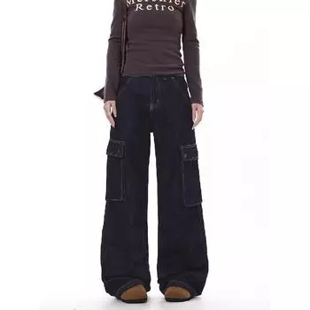 Американские джинсы High Street мужские осенние трендовые брендовые свободные широкие прямые брюки с микроклешем S темно-синий