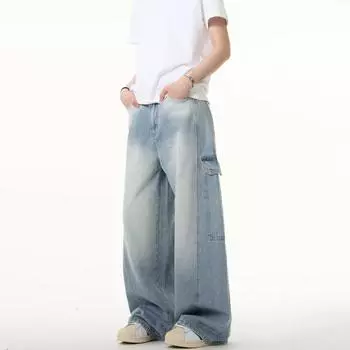 Американские джинсы High Street мужские осенние трендовые брендовые свободные широкие прямые брюки с микроклешем S светло-синий