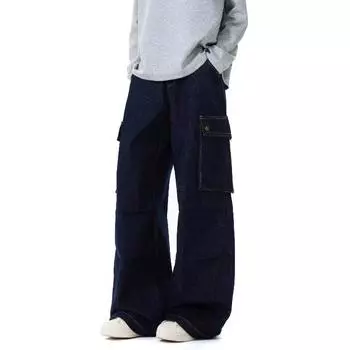 Американские джинсы High Street мужские осенние трендовые брендовые свободные широкие прямые брюки с микроклешем S темно-синий